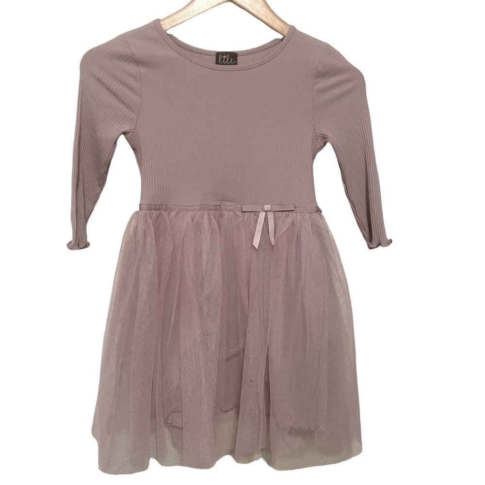 Girls powder purple tulle ribbed long-sleeve dress fairycore
